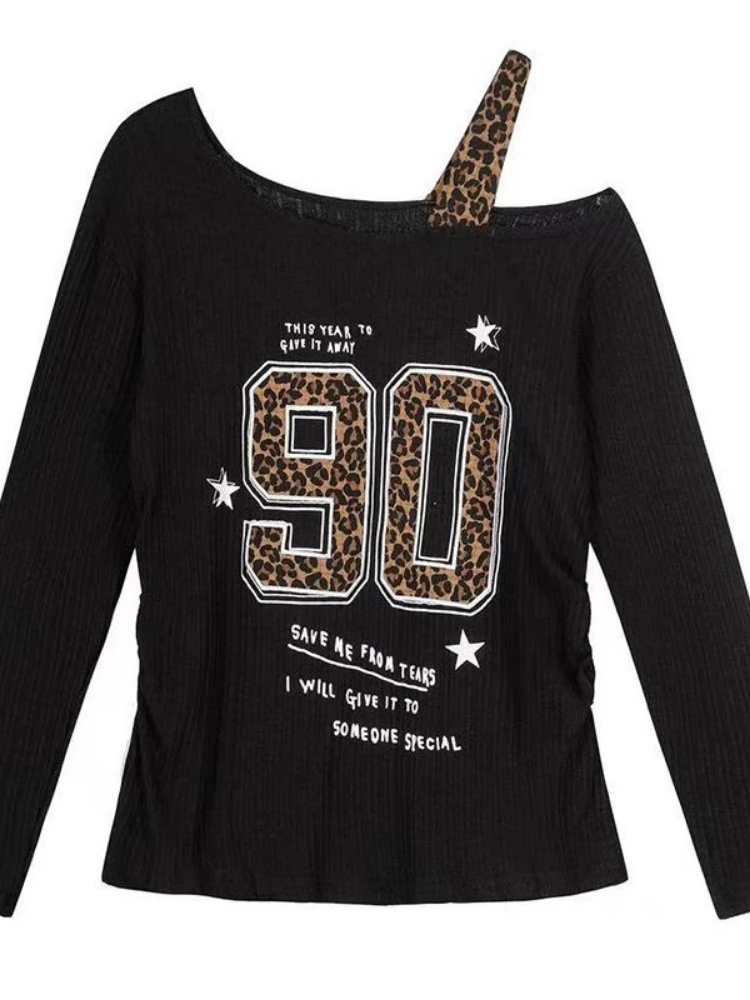 Embroidery A - Y2K 패치워크 레오파드 프린트 티셔츠 여성