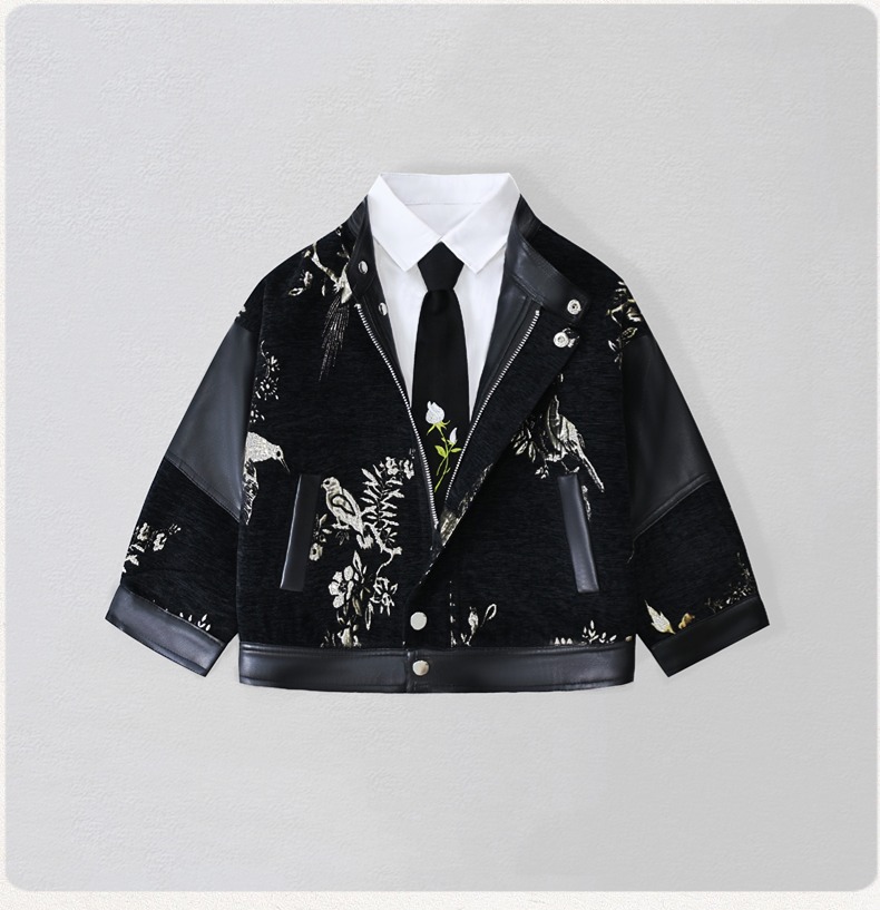 Embroidery Jacket - 신사풍 아동 자수 모터사이클 PU 가죽
