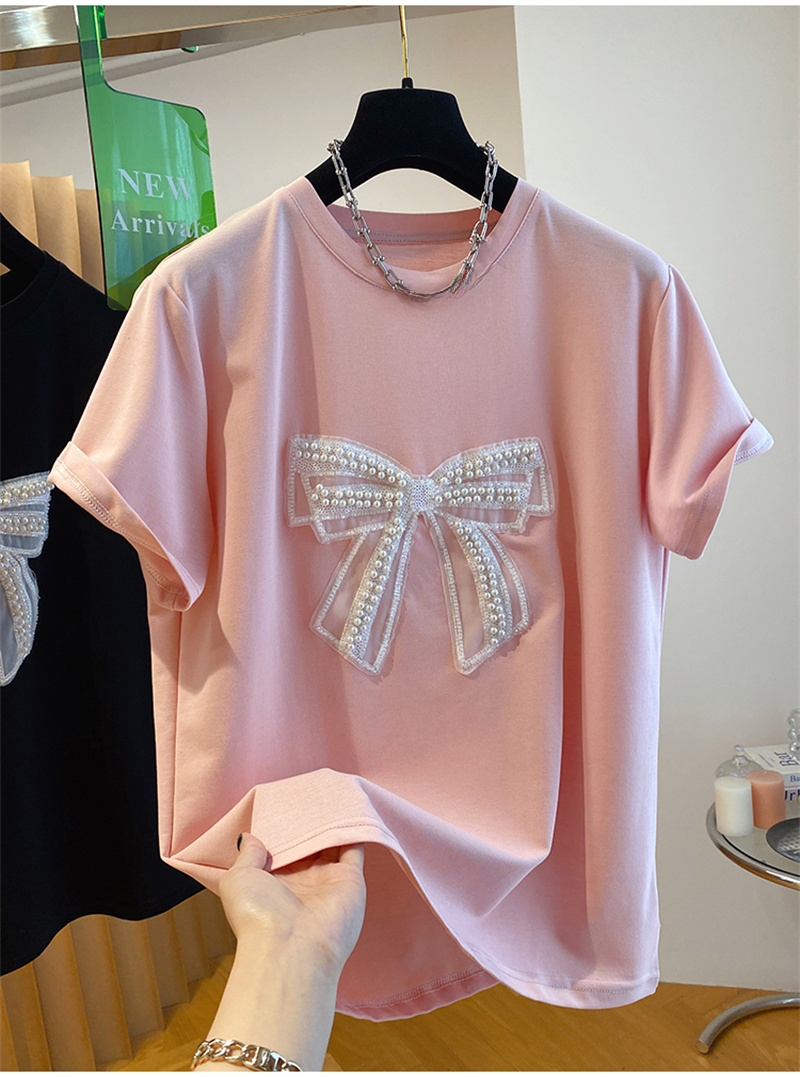 Embroidery Knot - 고급스러운 진주 나비 매듭 반팔 티셔츠