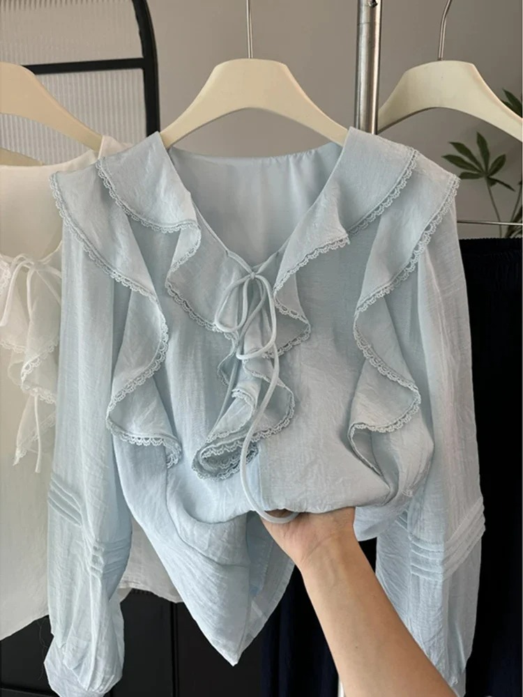Embroidery A - 프렌치 V넥 시크 긴팔 블라우스 여성용