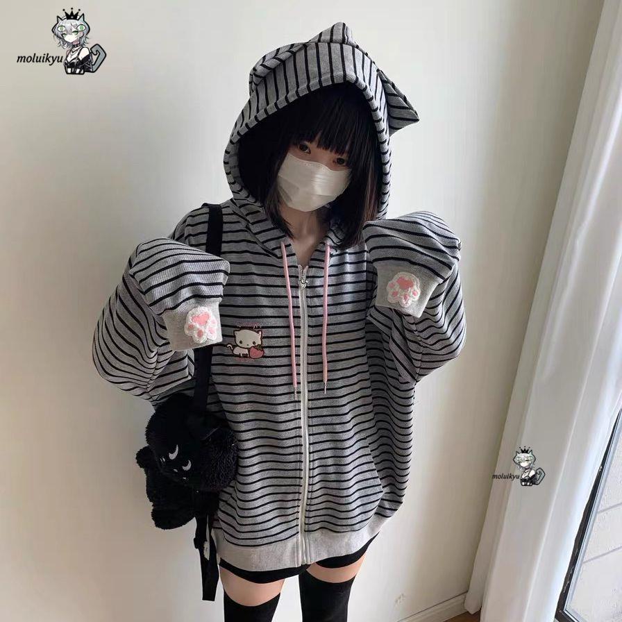 Y2K 여성용 스트라이프 지퍼 업 재킷 카와이 고양이  - Embroidery Jacket 리뷰 및 가격