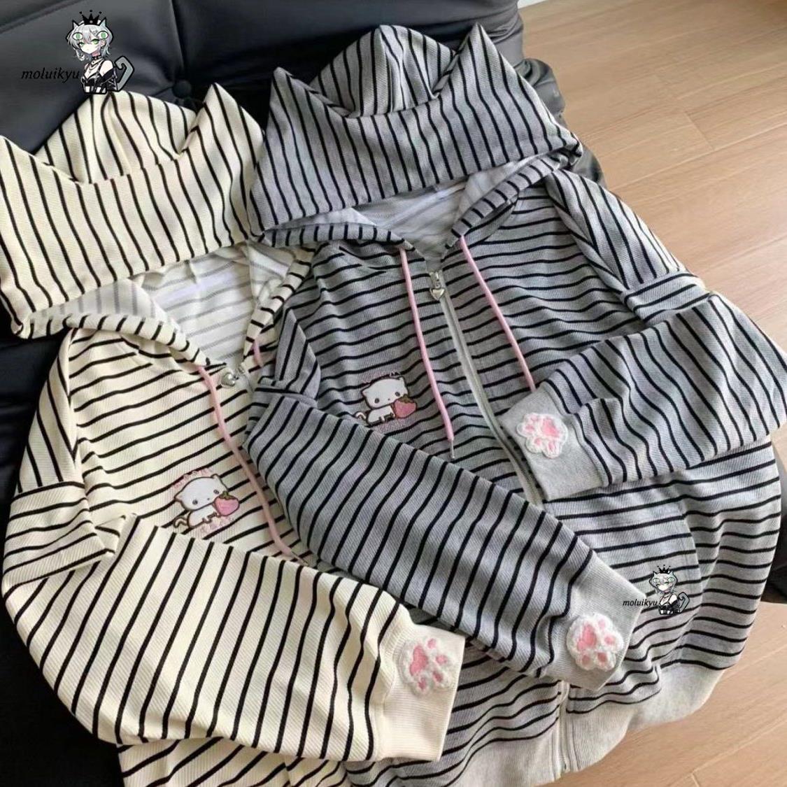Y2K 여성용 스트라이프 지퍼 업 재킷 카와이 고양이  - Embroidery Jacket 리뷰 및 가격