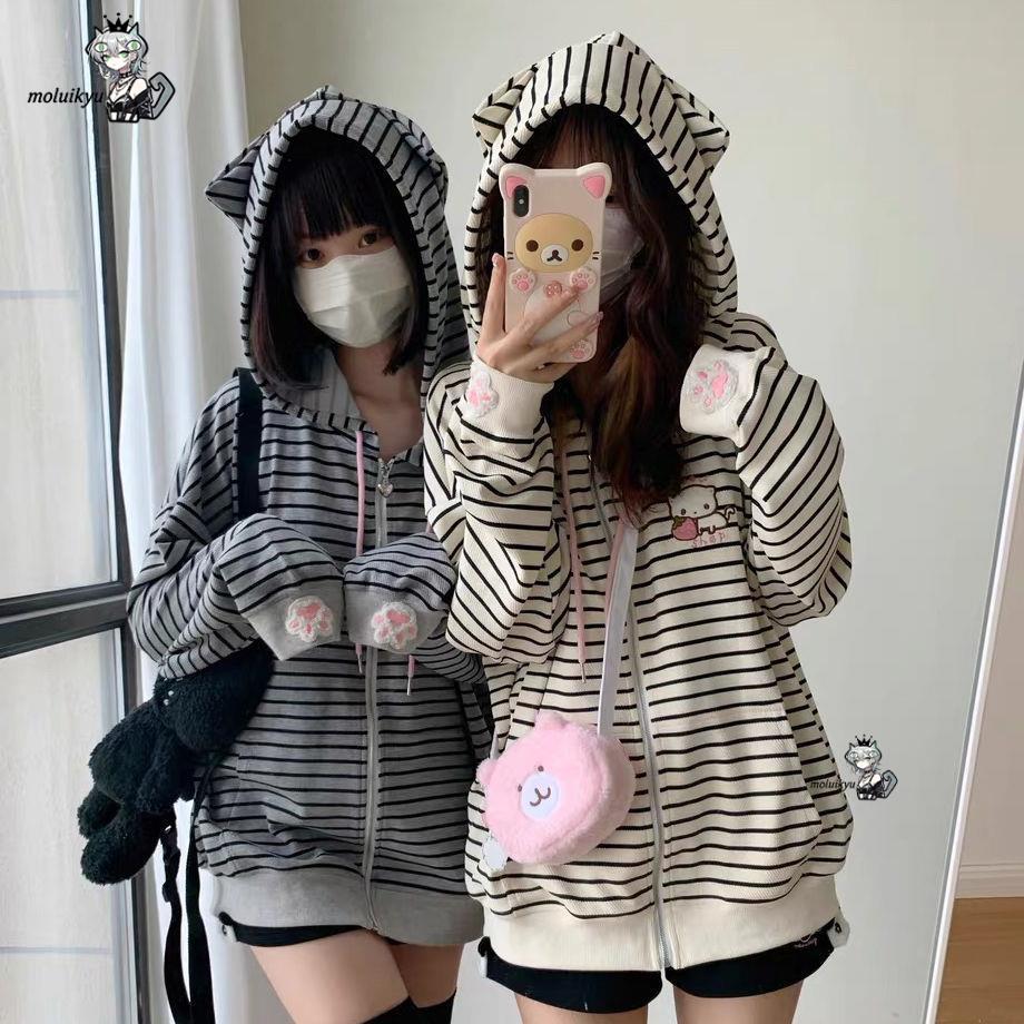Y2K 여성용 스트라이프 지퍼 업 재킷 카와이 고양이  - Embroidery Jacket 리뷰 및 가격