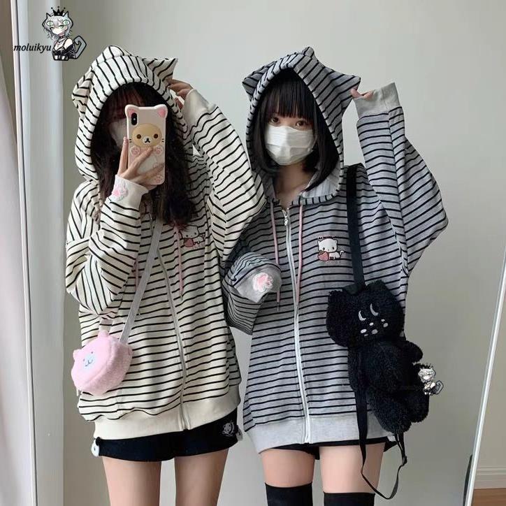 Y2K 여성용 스트라이프 지퍼 업 재킷 카와이 고양이  - Embroidery Jacket 리뷰 및 가격