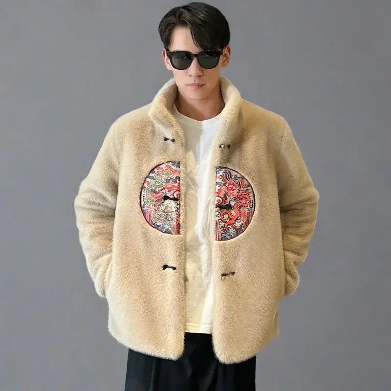 겨울 퍼 재킷 자수 남성 의류 따뜻한 버튼 남성 인조  - Embroidery Jacket 리뷰 및 가격