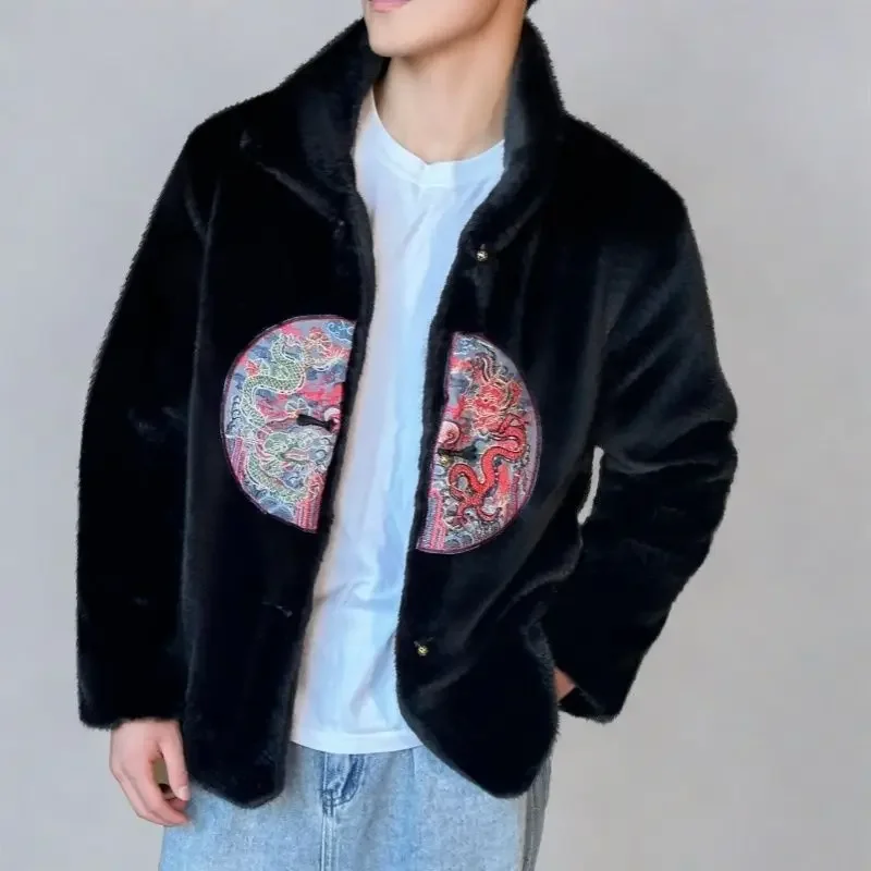 겨울 퍼 재킷 자수 남성 의류 따뜻한 버튼 남성 인조  - Embroidery Jacket 리뷰 및 가격