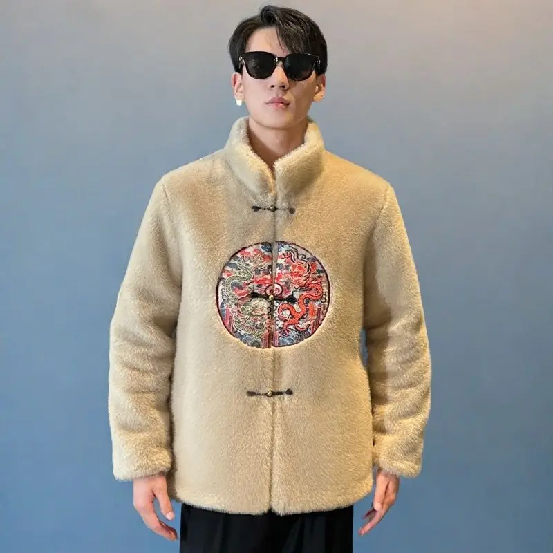 겨울 퍼 재킷 자수 남성 의류 따뜻한 버튼 남성 인조  - Embroidery Jacket 리뷰 및 가격