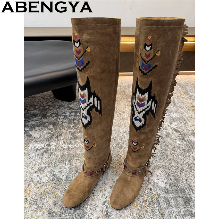 ABENGYA 2026 겨울 새로운 무릎 높은 부츠 여 - Embroidery Print 리뷰 및 가격