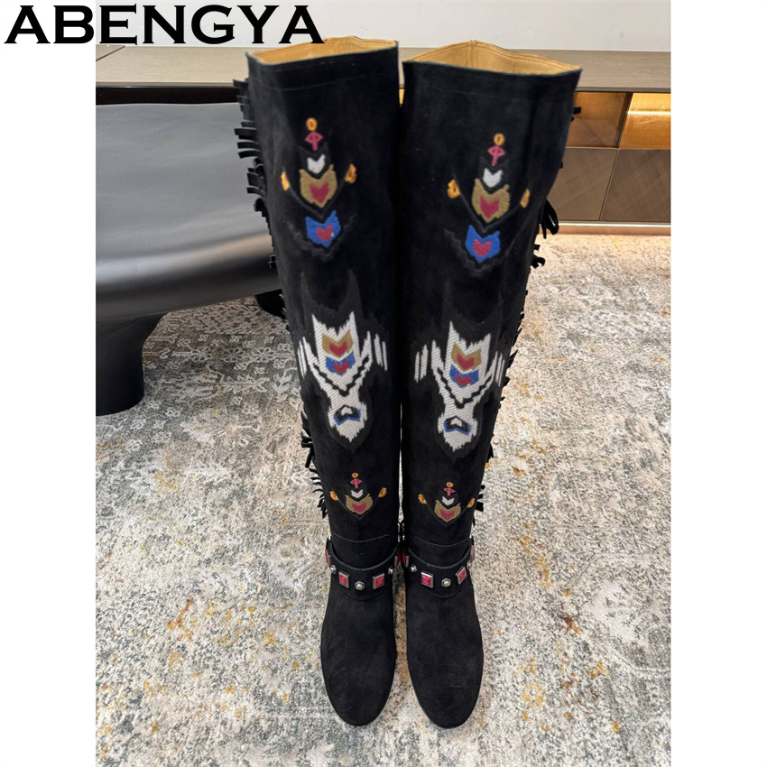 ABENGYA 2026 겨울 새로운 무릎 높은 부츠 여 - Embroidery Print 리뷰 및 가격