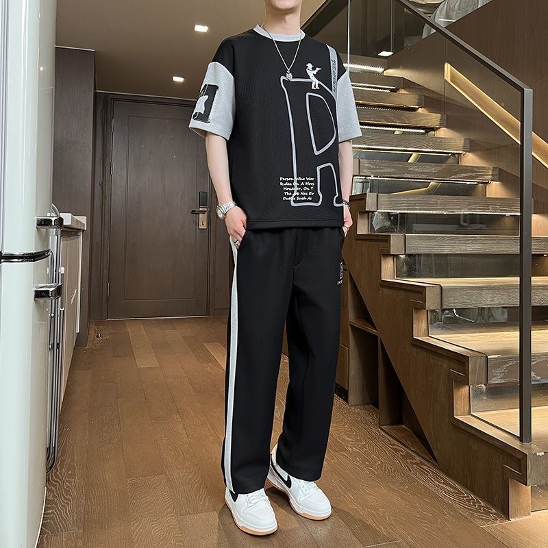 여름 패션 트렌디 프린트 반팔 티셔츠 스포츠 세트 남성 - Embroidery Print 리뷰 및 가격