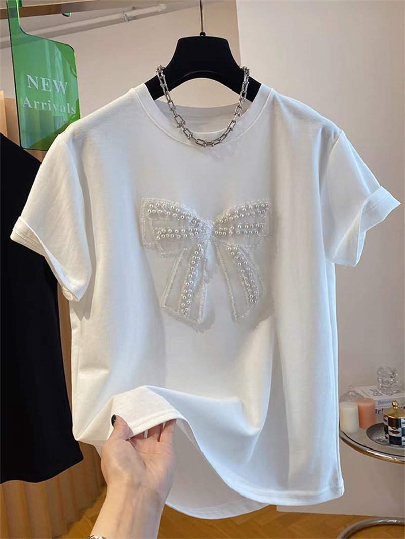 고급스러운 진주 나비 매듭 반팔 티셔츠 여성용 루즈핏  - Embroidery Knot 리뷰 및 가격