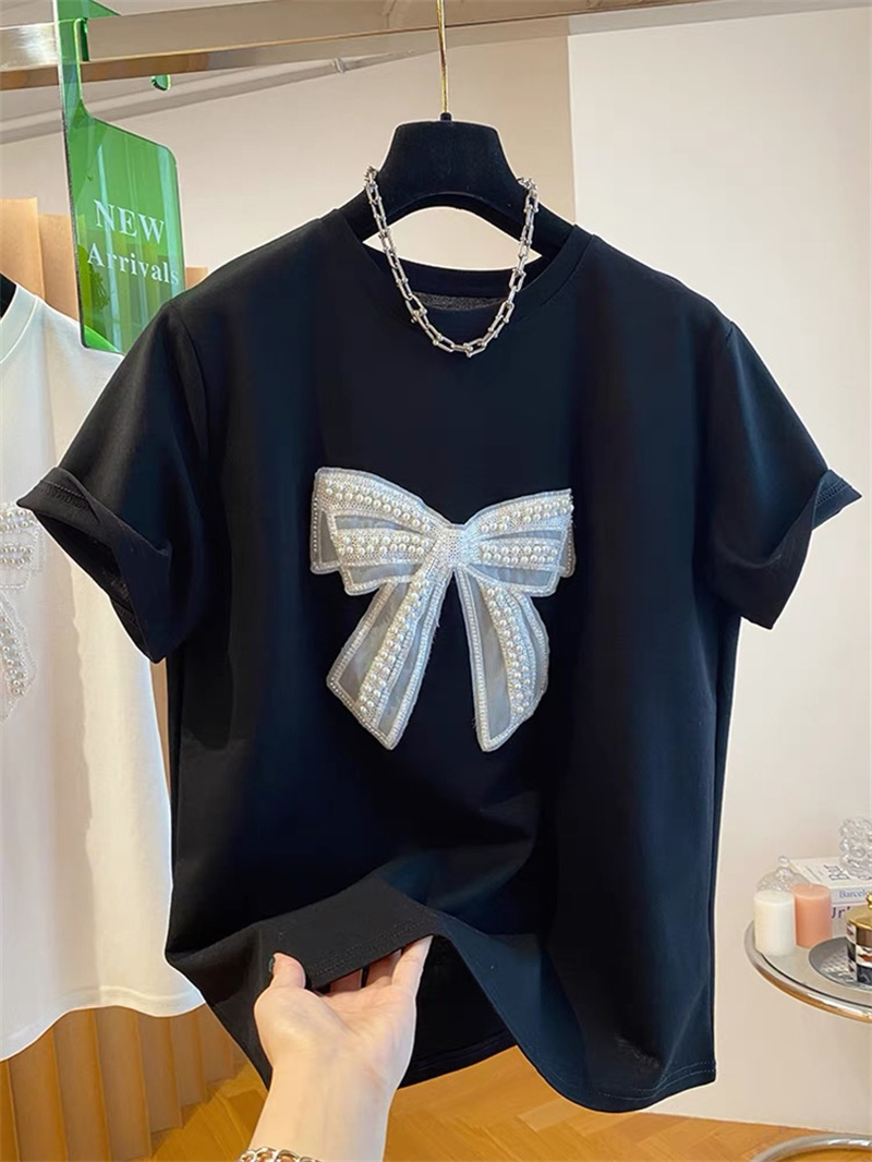 고급스러운 진주 나비 매듭 반팔 티셔츠 여성용 루즈핏  - Embroidery Knot 리뷰 및 가격