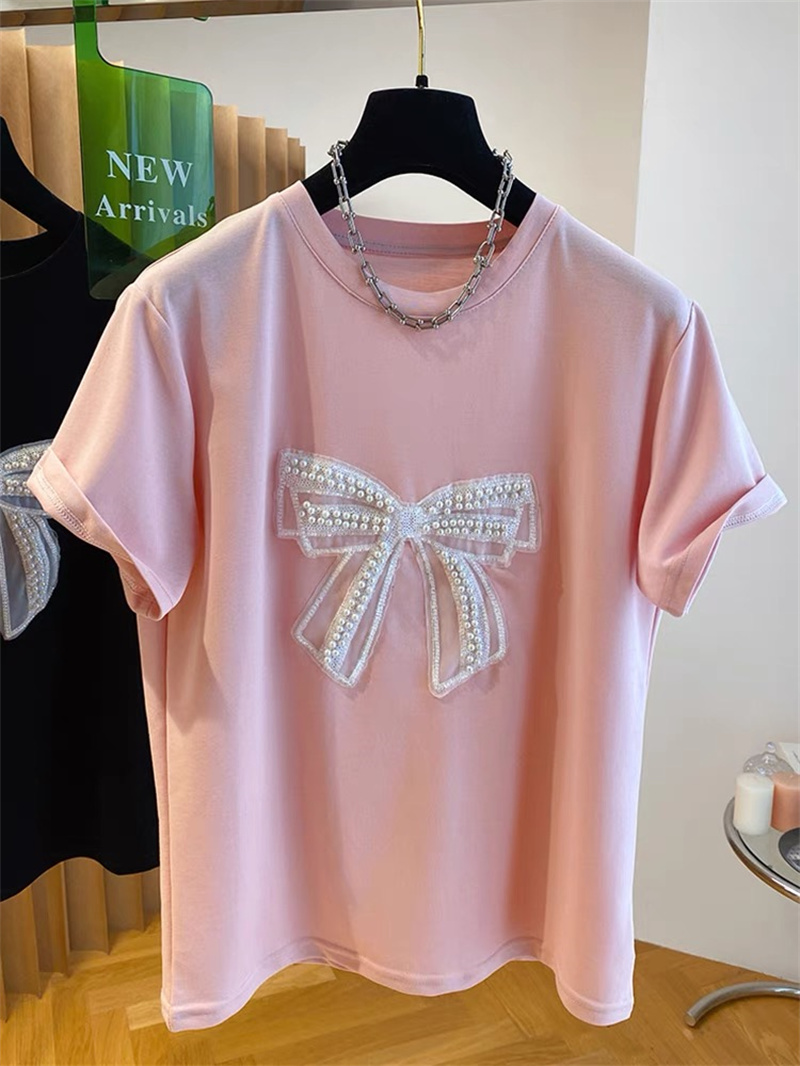 고급스러운 진주 나비 매듭 반팔 티셔츠 여성용 루즈핏  - Embroidery Knot 리뷰 및 가격