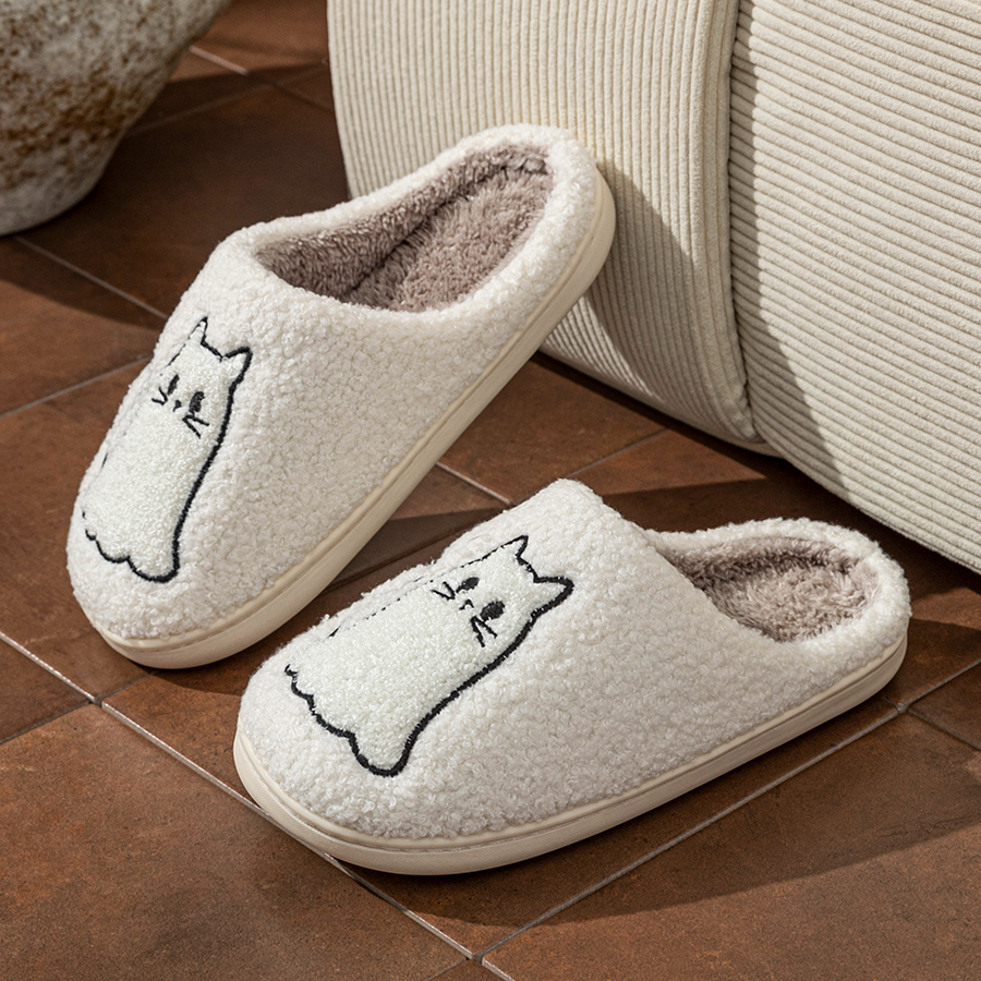 패션 귀여운 라인 고양이 자수 여성용 슬리퍼 겨울 실내 - Embroidery Print 리뷰 및 가격