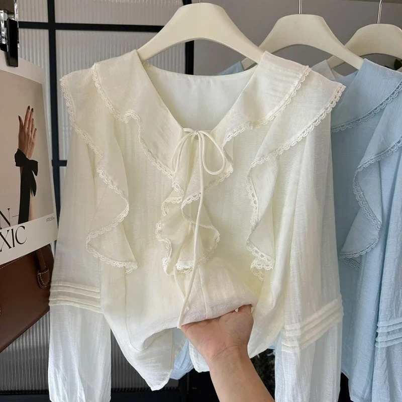 프렌치 V넥 시크 긴팔 블라우스 여성용 봄 여름 러플  - Embroidery A 리뷰 및 가격
