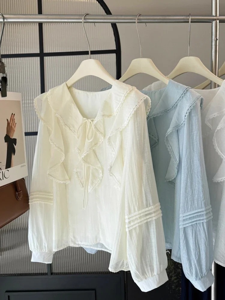 프렌치 V넥 시크 긴팔 블라우스 여성용 봄 여름 러플  - Embroidery A 리뷰 및 가격